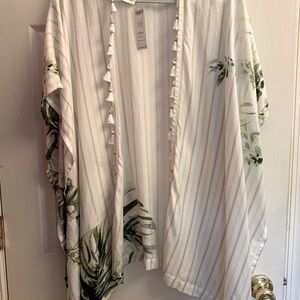 Chico's White, Ivory and Olive Leaves Tassel Kimono NWT OS M-4x